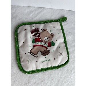 Vintage Christmas Potholders Lot of 2 Tree Scene & Franco Bear Quilted Holiday